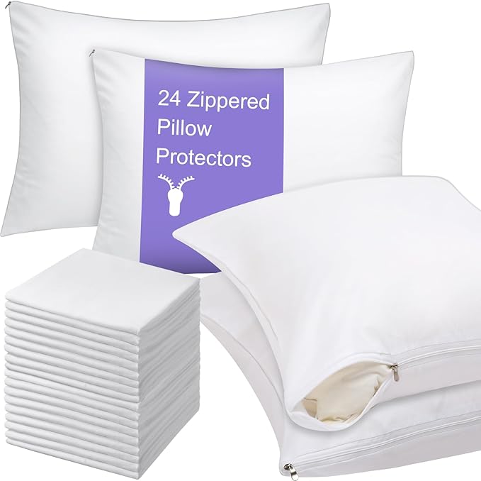 Shimeyao 24 Pcs 20 x 40 Inch Zippered Pillow Protectors Bulk, Standard Size Bedding Pillow Cases, Soft Breathable Cotton Sateen Dust Protection Covers White Protectors for Home Hotel Rental