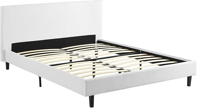 Modway Anya Upholstered White Platform Bed with Wood Slat Support in Queen