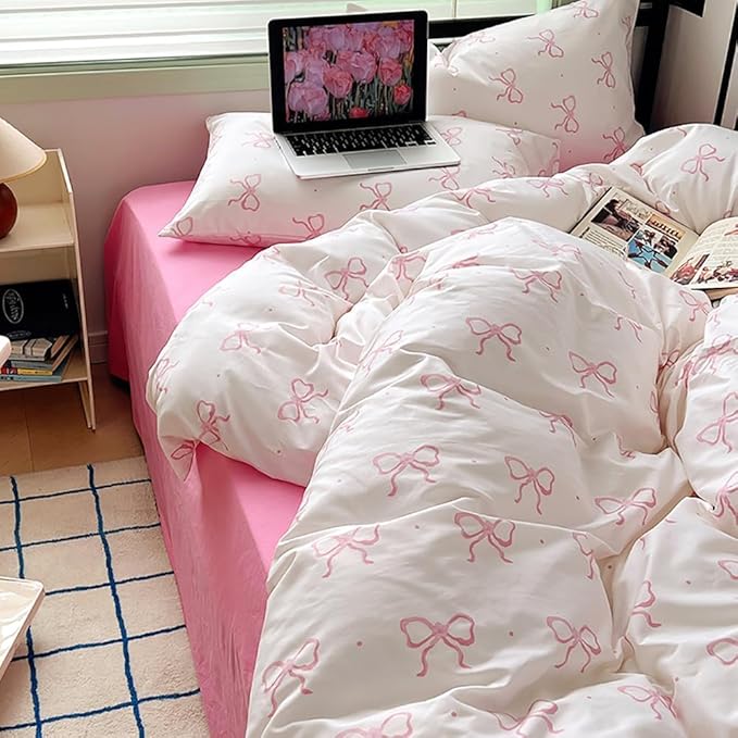 Nayoroom Pink Bow Duvet Cover Full Size Polka Dot Bowknot Coquette Duvet Cover 3 Pieces Soft Lightweight Microfiber Girls Cute Aesthetic Dorm Bedding Set