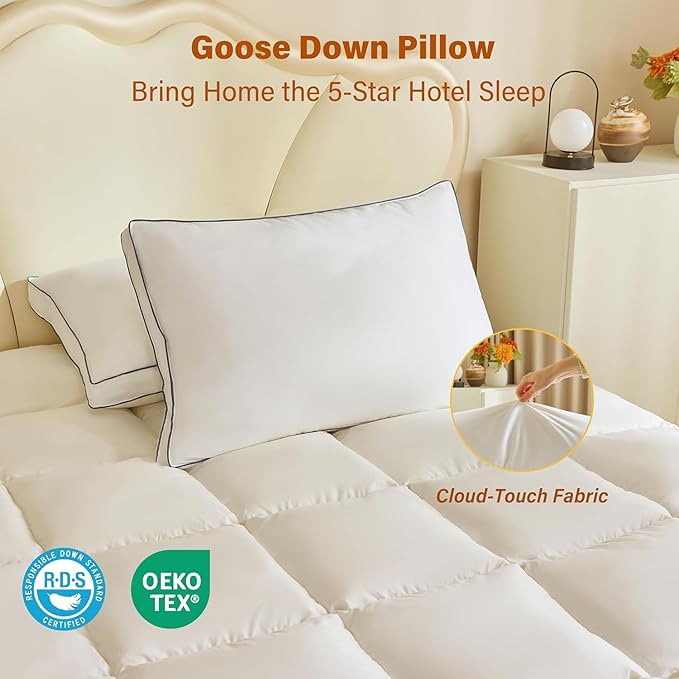 Goose Down Pillows for Neck Pain - Perfect Balance of Softness and Support,Relief for Side and Back Sleepers, Hotel Down Pillows Standard Size Set of 2