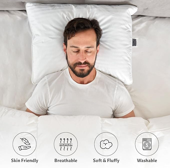 Washable Down and Feather Pillows Queen Size - 2 Pack, Premium Soft Pillow Authentic Canadian White Goose Down 100% Cotton Cover for Comfort Luxury Experience - Includes Pillow Case.