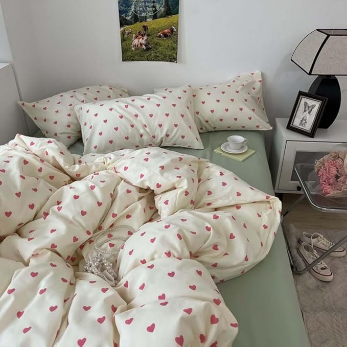 Nayoroom Heart Duvet Cover Twin Size Kawaii Pink Heart Printed on Cream White Bedding Set 2Pcs Kids Girls Cute Heart-Shaped Pattern Comforter Cover with Zipper Closure Soft Breathable Microfiber