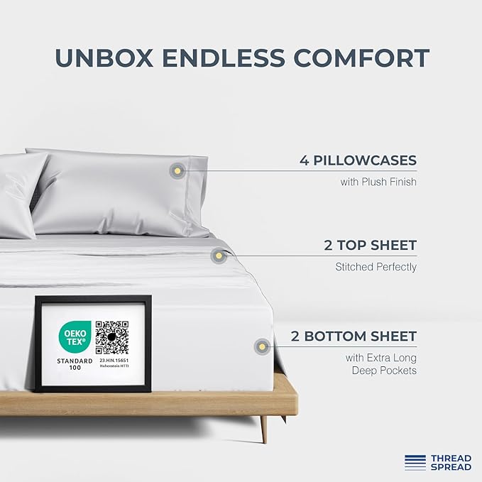 THREAD SPREAD 100% Egyptian Cotton Sheets Queen Size - Luxury 1500 Series Queen Sheet Set Egyptian Cotton (Pack of 2, White), Silky Soft, Sateen Weave, Cooling & Breathable, 17" Deep Pocket Bed Set