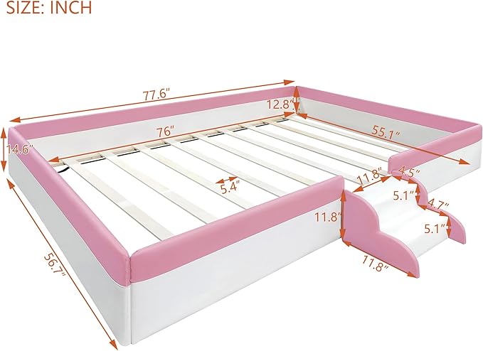 Merax Full Size Daybed Frame with Fence, Stairs, Upholstered Wood Bed for Living Room, Floor Bed, White+Pink