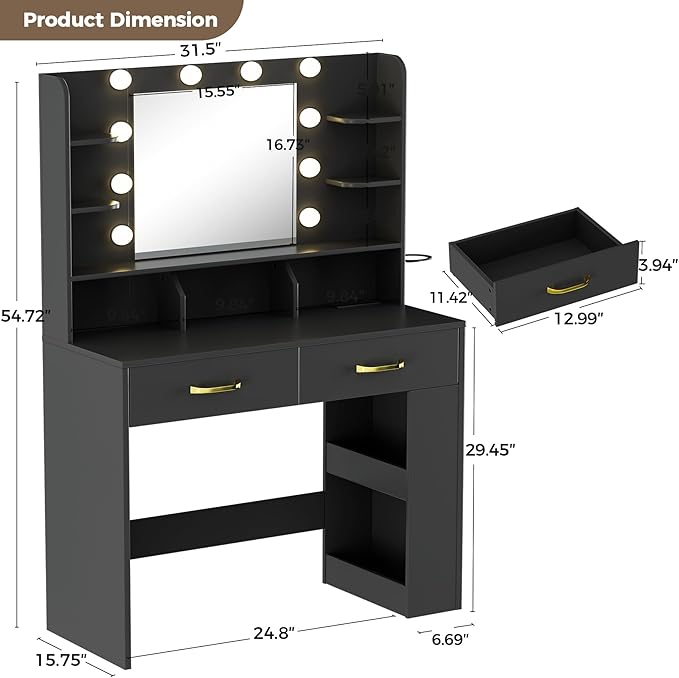 LUCKRACER Vanity Desk with LED Lights Mirror & Charging Station, Black Makeup Vanity with Storage Drawers and Shelves, Modern Dressing Table for Women Girls Bedroom, Black