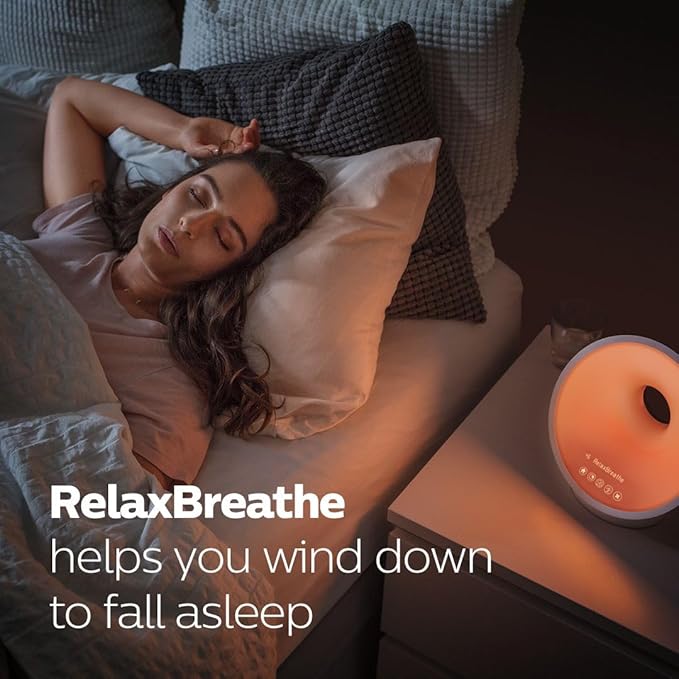 Philips SmartSleep Sleep and Wake-Up Light, Simulated Sunrise and Sunset, Multiple Lights and Sounds, RelaxBreathe to Sleep, HF3650/60