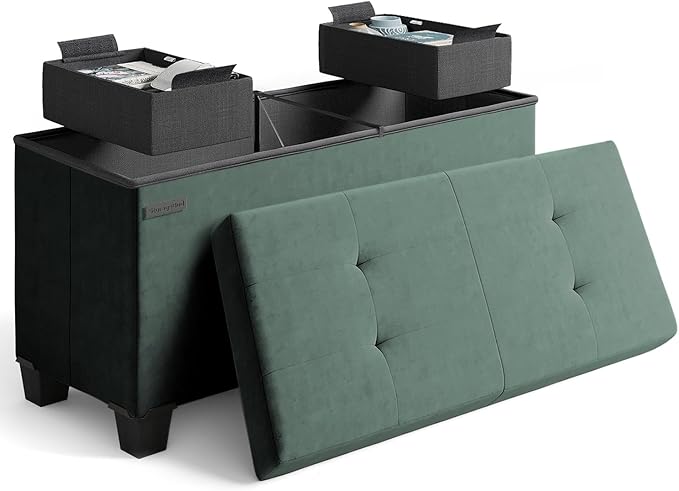Storage Ottoman Bench with Bins, 30-in Storage Bench for Bedroom End of Bed, Folding Foot Rest Ottoman for Living Room Max 660lbs, Velvet Ottomans, Green