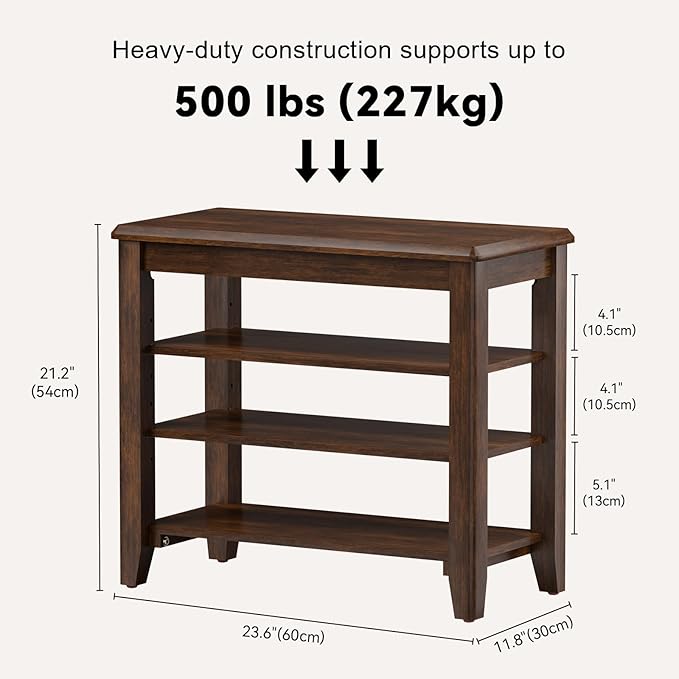 Taitiy Shoe Bench Storage Rubberwood, Entryway Bench with 3-Tiers Height Adjustable, Shoe Rack Front Door Entrance Organizer for Hallway Living Room, Mudrooms, Walnut,23.6"