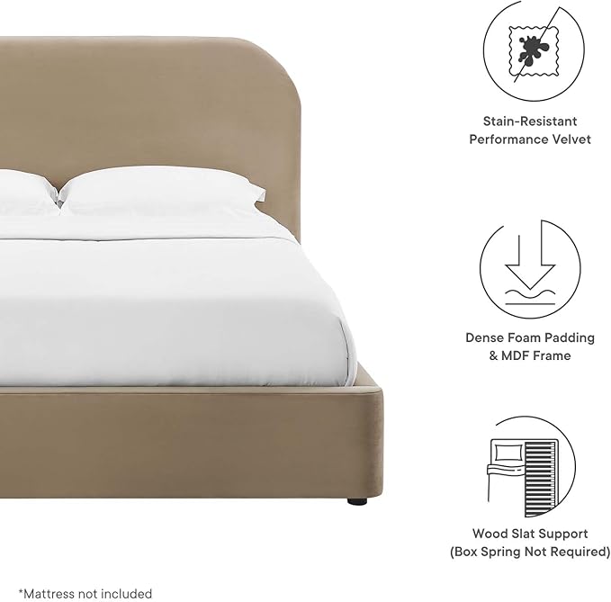 Modway Keynote Modern Full Bed Frame with Curve Shaped Headboard in Taupe, Upholstered in Performance Velvet, Full Size Platform Bed, Soft Cloud Bed Frameain-Resistant Velvet Full Bed