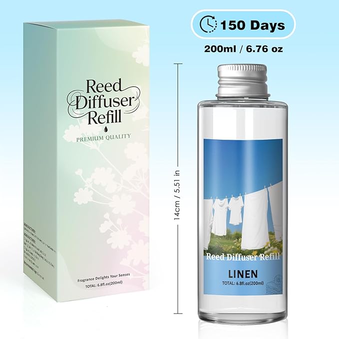 SCENTORINI Reed Diffuser Oil Refill, Linen Diffuser Oil 6.76 Fl Oz, Summer Scented Essential Oil Refill Long Lasting Home Fragrance for Room Spa Aromatherapy Bathroom Home Decor
