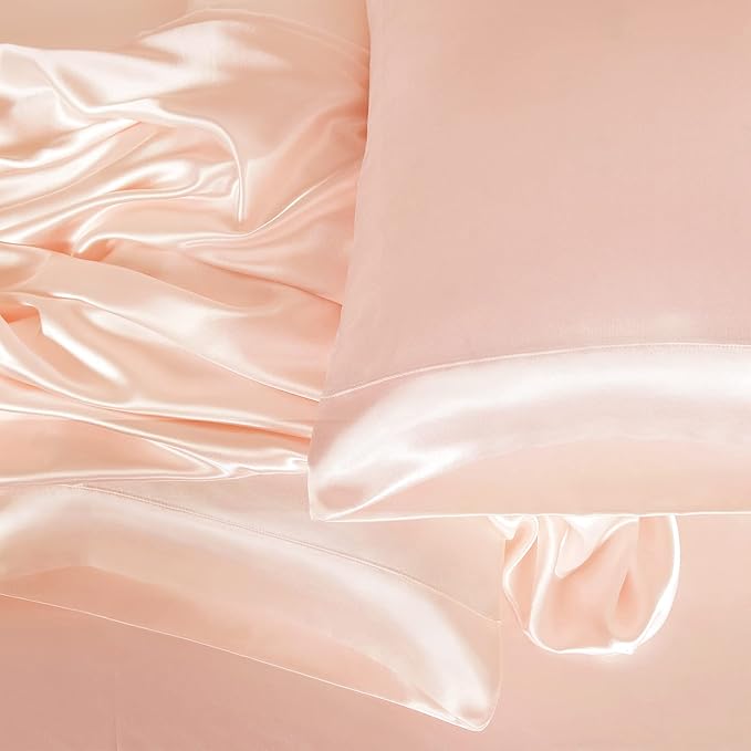 Homiest 4pcs Satin Sheets Set Luxury Silky Satin Bedding Set with Deep Pocket, 1 Fitted Sheet + 1 Flat Sheet + 2 Pillowcases (Full Size, Champagne)