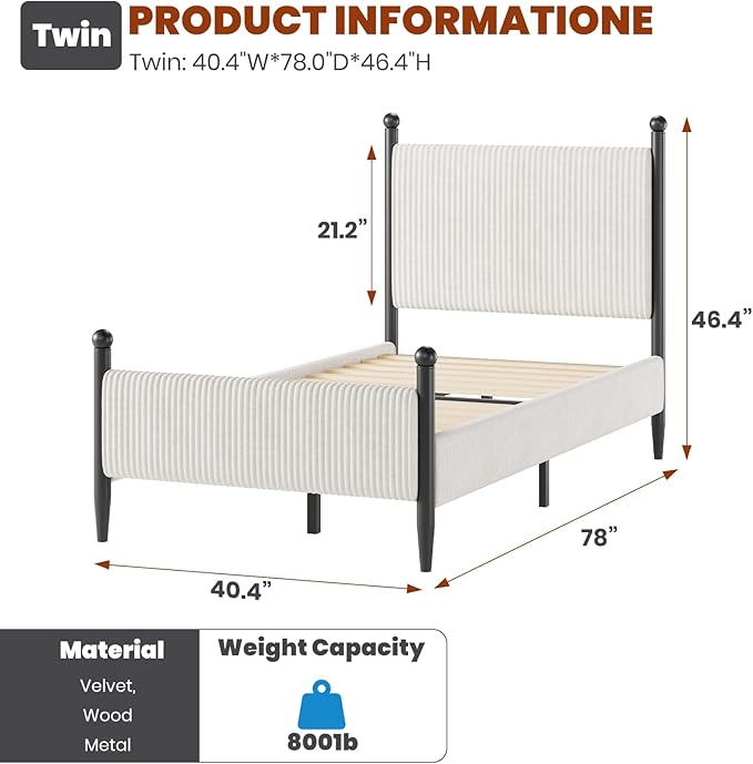 Garvee Twin Size Upholstered Bed Frame - with Velvet Headboard, Soft Corduroy Fabric Platform with Wooden Slats Support & Heavy Duty Feet, No Box Spring Needed, Noise Free, Easy Assembly, White