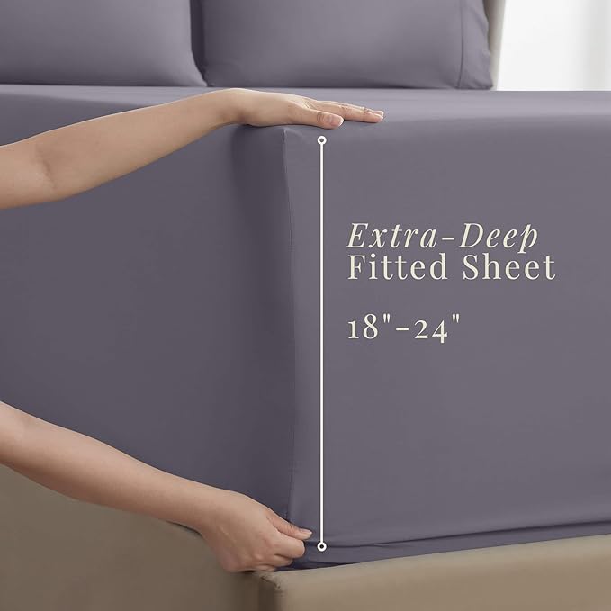 Hearth & Harbor Bed Sheets, Luxury Soft 6 Piece Bed Sheet Set Extra Deep Pocket Fitted Sheets Fits Mattress up to 21", Double Brushed Bedding Sheets & Pillowcases, Cal King, Purplish Gray