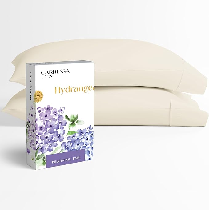 Carressa Linen 100% Egyptian Cotton Pillow Cases Queen Size Set of 2 - Luxury 600 Series Hydrangeas Collection Queen Size Pillowcases (Ivory), Cooling Sateen Weave Hotel Quality Bed Pillow Cover