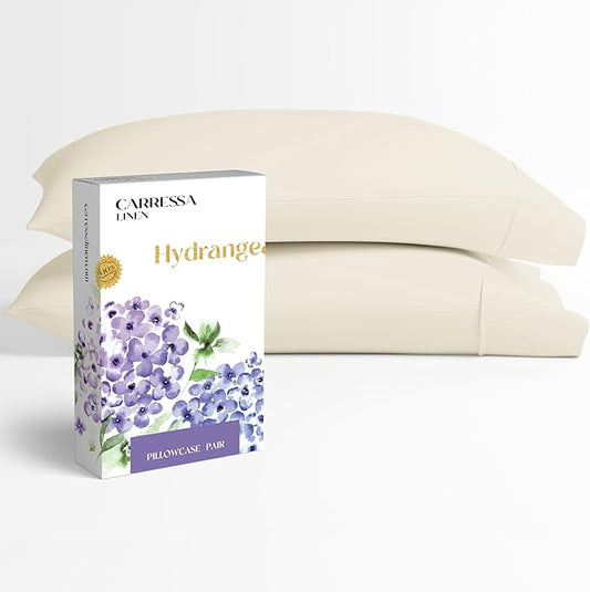 Carressa Linen 100% Egyptian Cotton Pillow Cases Queen Size Set of 2 - Luxury 600 Series Hydrangeas Collection Queen Size Pillowcases (Ivory), Cooling Sateen Weave Hotel Quality Bed Pillow Cover