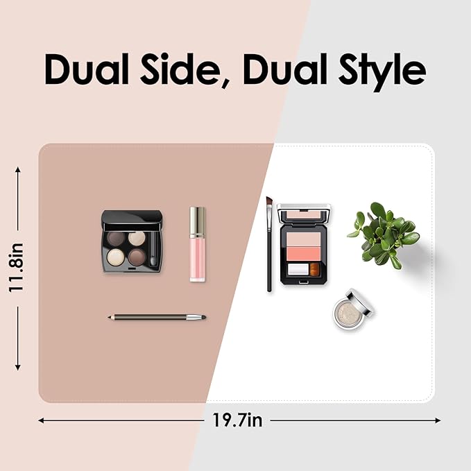 Makeup Mat for Vanity to Protect Desk Top, Dual-Sided Makeup Mat, Easy to Clean Desk Pad - Waterproof and Oilproof Vanity Accessories, 19.7 x 11.8 in (White and Khaki)