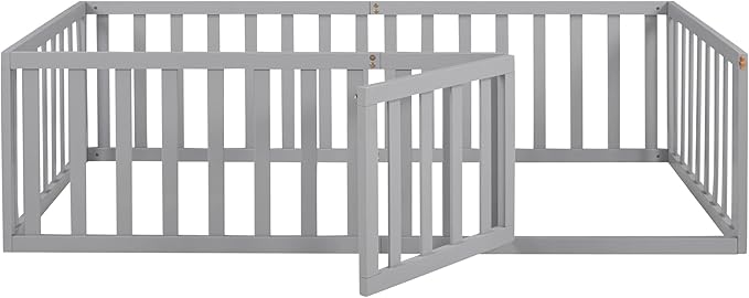Bellemave Twin Size Montessori Floor Bed with 21.7" High Rails, Pine,Plywood Floor Bed with Small Door, Grey