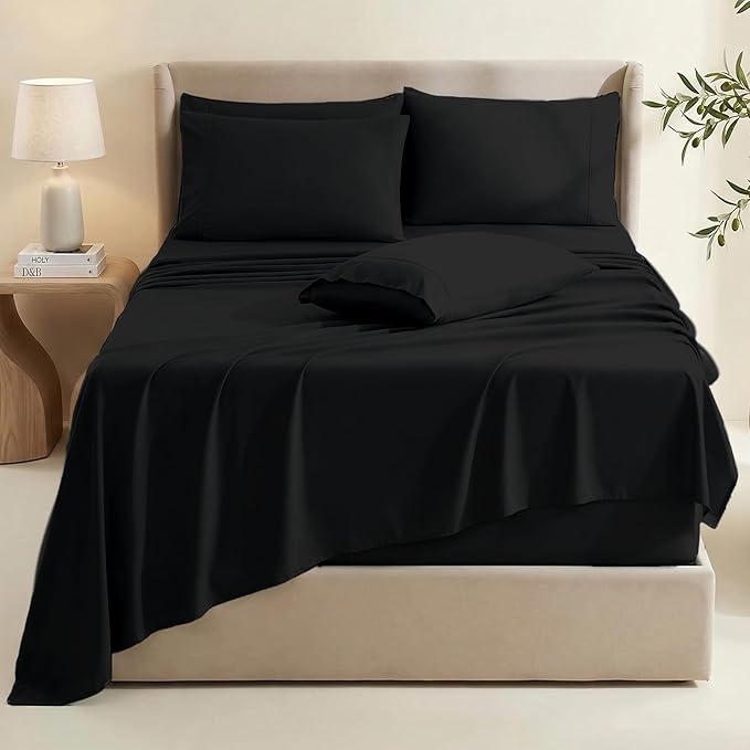 Hearth & Harbor Extra Deep Pocket Sheets - Fits Mattress 18-24 Inches Deep - Extra Deep Pocket California King Size - 6 Piece Cal King Sheets - Cal King, Black