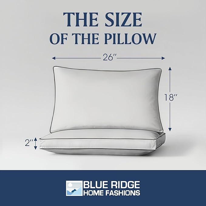 Blue Ridge Home Fashions Medium Soft Bed Pillows Queen Size Set of 2, 400 Thread Count 100% Cotton, Never Go Flat Down Alternative Gusseted Support Pillow for Back or Side Sleepers, Standard, White