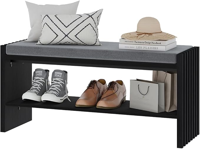 BON AUGURE 40" Entryway Shoe Bench with Storage & Cushion, Modern Fluted Shoe Rack for Mudroom, Sturdy Wooden Hallway Bench with 360 lbs Capacity, Black Oak