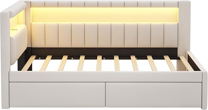 Merax Modern Upholstered Platform Bed Frame with USB Ports & Storage Drawers, Floor Sofa Day Bed, No Box Spring Needed/Easy Assemble/Twin,White