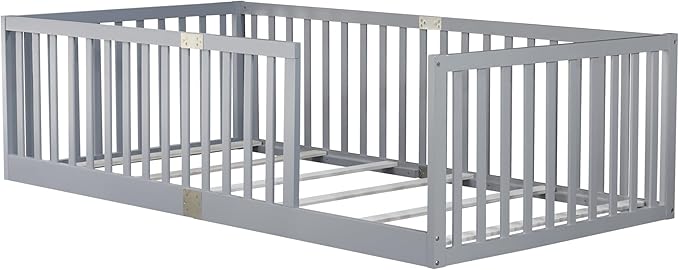 Bellemave Twin Size Montessori Floor Bed with 21.5" High Rails, Rubber Wood Twin Floor Bed with Slats, Gray