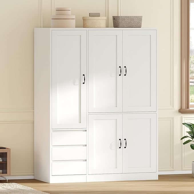 RALGEND Armoire Wardrobe Closet Set of 2, with 3 Drawers and 5 Doors, Wardrobe Cabinet for Bedroom, 70.9" Bedroom Armoire with Hanging Rod, Large Capacity Storage Wardrobe Armoire, White