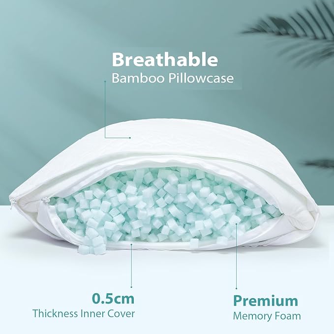 Rainmr Queen Size Bed Pillow for Sleeping Shredded Memory Foam Adjustable Loft Pillows with Cooling Washable Pillow Case, 20x30 inches (White, Queen 1-Pack)