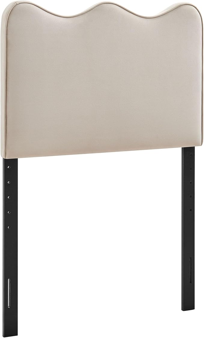 Monday Athena Twin Size Performance Velvet Adjustable Headboard in Almond - with Scalloped Wave Design and Stain-Resistant Velvet Upholstery