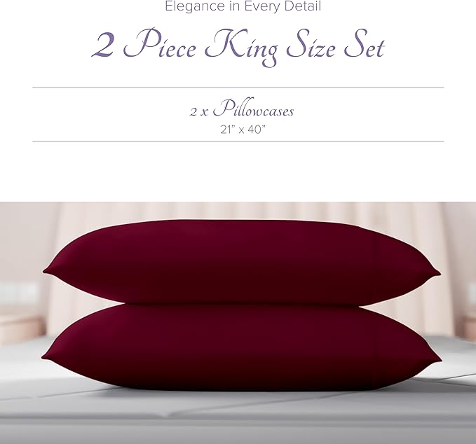 Carressa Linen 100% Egyptian Cotton King Size Pillow Cases Set of 2 - Luxury 600 Series Hydrangeas Collection King Pillowcases (Burgundy), Soft Cooling, Sateen Weave Hotel Quality Bed Pillow Cover
