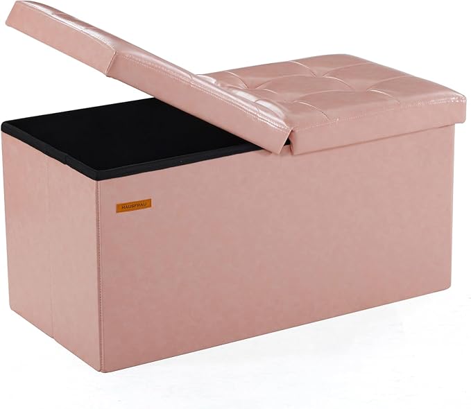 HAUSFRAU - 30 Inches Storage Ottoman Bench with Flipping Lid, Foldable Storage Chest Foot Rest for Living Room, Bedroom, Entryway, Load 660 lb, Synthetic Leather, Pink
