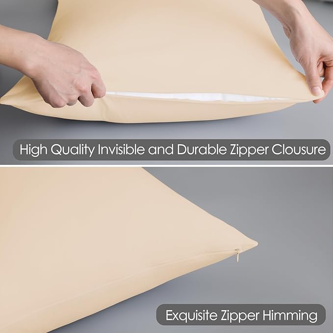 100% Egyptian Cotton Pillow Protectors Set of 4, 600 Thread Count Standard Size Bed Pillow Cases with Zipper, Sateen Weave Cooling Pillow Cases Quiet and Breathable Easy Care (4PCS, Beige)