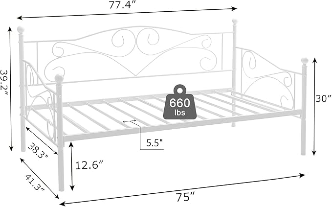 VECELO Daybed Frame, Twin Size Metal Platform Bed with Headboard,Heavy Duty Steel Slats Support for Living Room Bedroom Guest Room, Easy Assembly