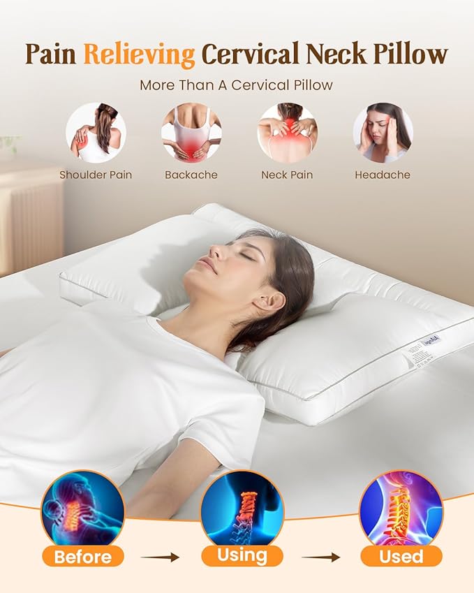 Goose Down Pillow Standard Size Set of 2, Cervical Support for Neck Pain Relief, 1050+ Fill Power, 600 Thread Count Cotton Shell, for Side, Back, and Stomach Sleepers(White,Standard(Pack of 2))