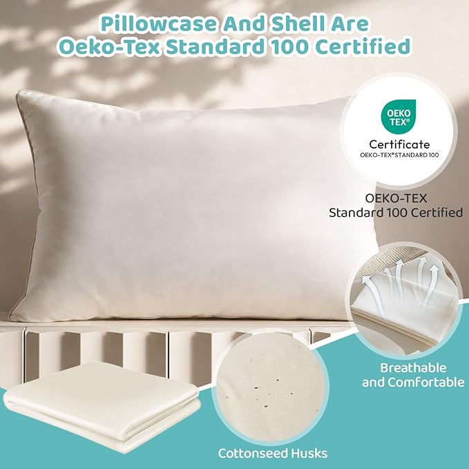 20x26 Organic Pillow with 100% Organic Cotton Pillowcase and Shell - Soft Non Toxic and Breathable Pearl Filling, CPSC Certified and Oeko-TEX, Adjustable Loft Organic Pillow, Machine Washable