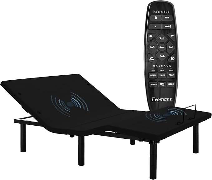 Fromann Adjustable Electric Full Bed Base Frame with Massage,USB Type-C Ports, Zero Gravity, Under Bed Led Lighting and Three Leg Height (Black)