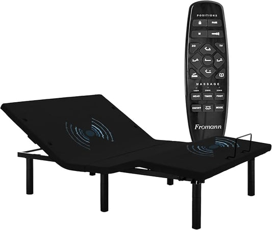 Fromann Adjustable Electric Full Bed Base Frame with Massage,USB Type-C Ports, Zero Gravity, Under Bed Led Lighting and Three Leg Height (Black)