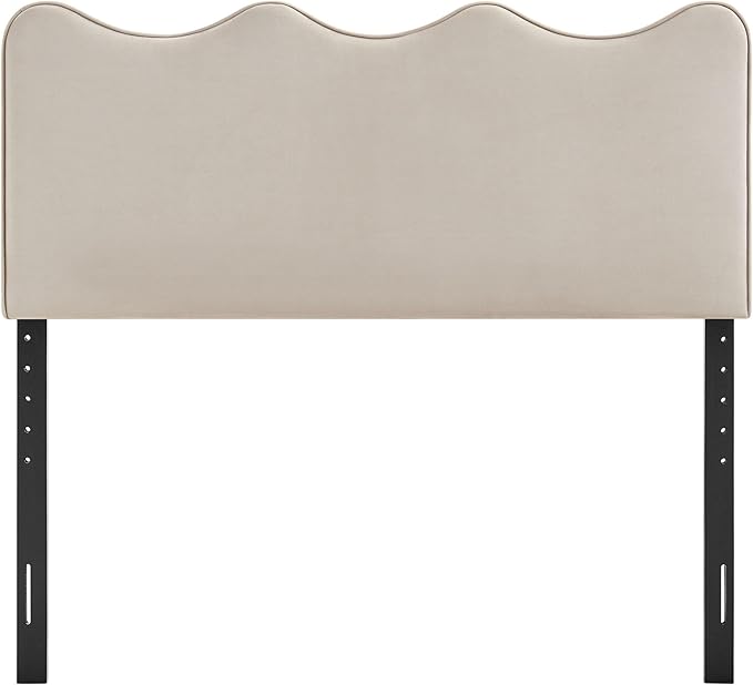 Monday Athena Queen Size Performance Velvet Adjustable Headboard in Almond - with Scalloped Wave Design and Stain-Resistant Velvet Upholstery