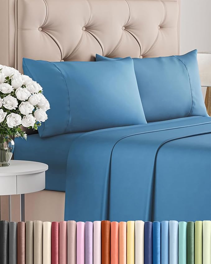 Twin 4 Piece Sheet Set - Comfy, Breathable & Cooling - Hotel Luxury Bedding for Women, Men, Kids, Teens & Children - 1 Flat & 1 Fitted Sheet & 2 Pillowcases w/ Deep Pockets - Wrinkle Free - Denim Blue