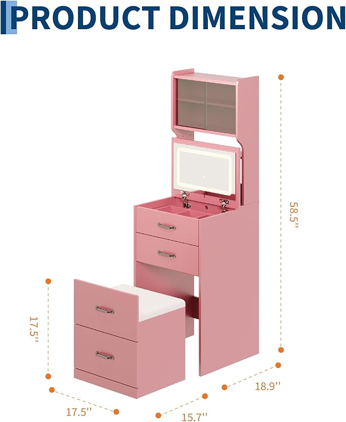 Garvee 3 in 1 Vanity Desk with 3 Color LED, Compact Makeup Vanity Set with 2 AC Outlets & USB, Dressing Table with Drawers & Acrylic Doors, Nightstand Vanity Mirror, Jewelry Box, Hidden Chair, Pink