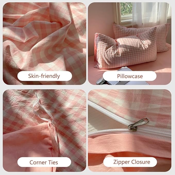 Nayoroom Gingham Duvet Cover King Size Reversible Pink Plaid Checkered Duvet Cover 3 Pieces Soft Breathable Washed Microfiber Girls Dorm Bedding Set for All Seasons