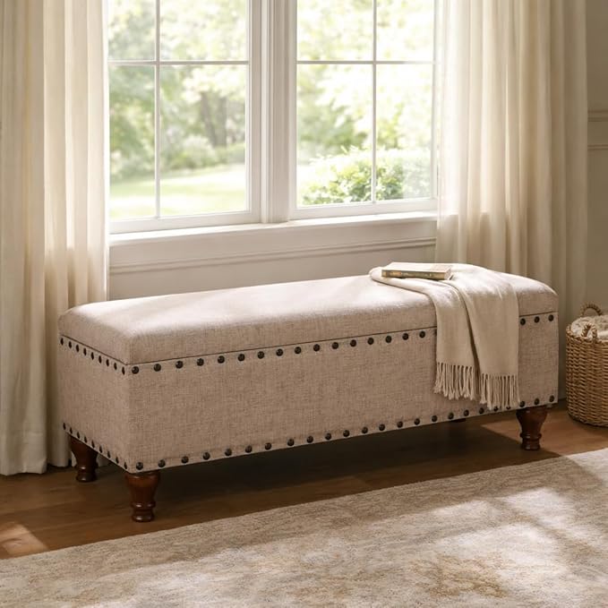 HomePop Large Storage Bench with Nailhead Trim - Tan