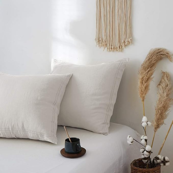 Simple&Opulence 100% French Linen Euro Shams with Embroidery (26'' x 26'') - Pack of 2 - Pre Washed Solid Color Natural Flax Soft Breathable - Linen