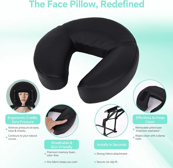 Portable Massage Headrest for Bed, Adjustable Face Cradle & Face Down Pillow with Memory Foam & PU Leather, Foldable Home Massage Kit for Mattress Top, Fits 5.5-17.7" Mattress