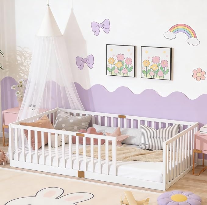 Bellemave Twin Size Montessori Floor Bed with 21.5" High Rails, Rubber Wood Twin Floor Bed with Slats, White