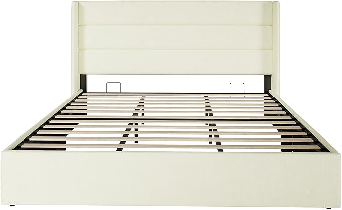 SHA CERLIN King Size Lift Up Storage Bed/Chenille Fabric Upholstered/Modern Wingback Headboard/Platform Bed Frame/Hydraulic Storage/No Box Spring Needed/Wood Slats Support/Cream
