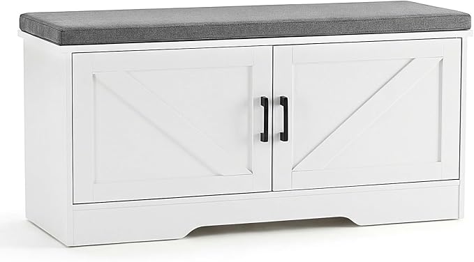 DUMOS Storage Bench, Shoe Organizer Cabinet with Thickened Padded Seat Cushion, Entryway Bench with 2 Doors & Adjustable Shelf for Hallway, Bedroom, Living Room, 39 inch, White