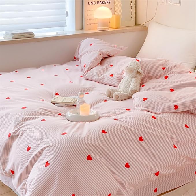 Nayoroom Heart Duvet Cover Queen Size Cute Pink Striped Printed Bedding Set 3Pcs Kids Girls Kawaii Heart-Shaped Comforter Cover with Zipper Closure Soft Breathable Microfiber