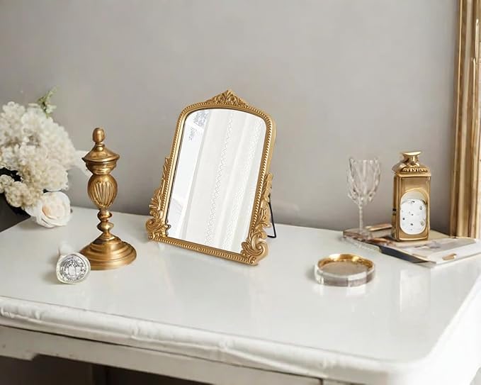 HSDDHOME Champagne Gold Vintage Vanity Mirror,Small Decorative Table Top Mirror,Baroque Arched Makeup Desk Mirror Wood Frame Free Standing,for Dresser,Bedroom,Living-Room Countertop 11.8" x 9.6"