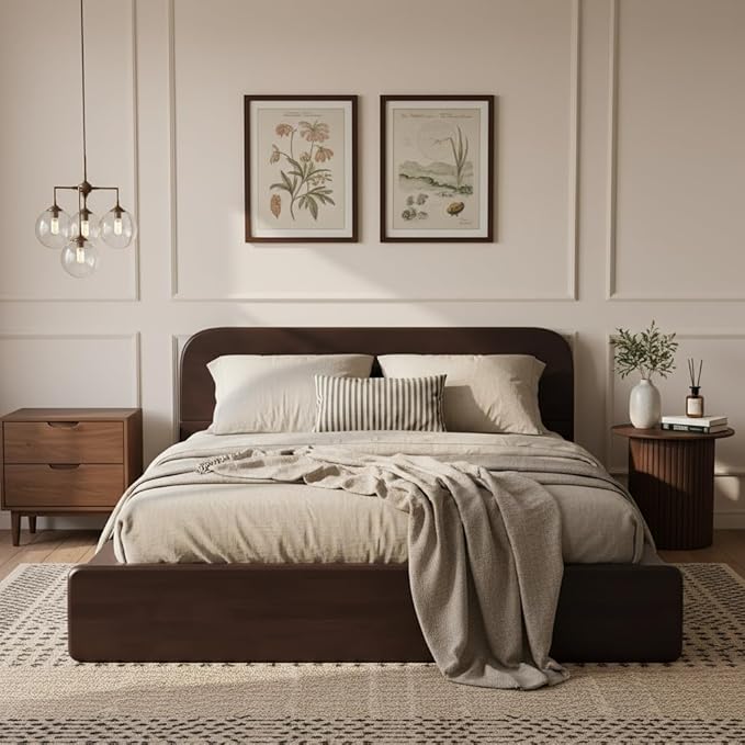 Merax Walnut King Size Platform Bed Frame, Modern Minimalist Wood Bed Frame with Rounded Headboard, Heavy Duty 800 lbs Support, No Box Spring Needed